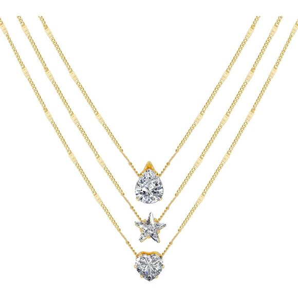 Layered Gold Necklace for Women Cubic Zirconia Star Heart Teardrop Pendant Chain - Picture 1 of 6